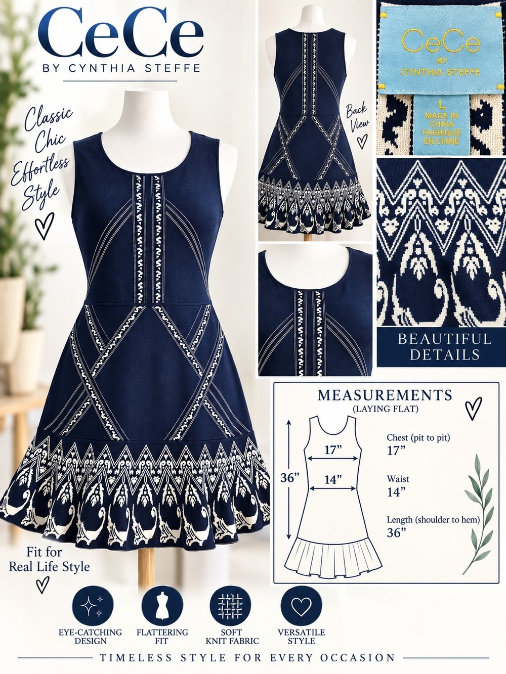 CeCe by Cynthia Steffe Navy & Cream Knit Dress — Size L
